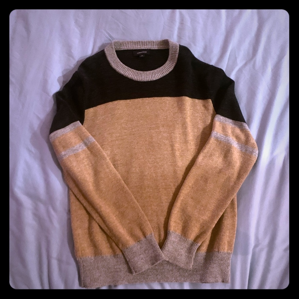 Navy, khaki, and dusty charcoal sweater